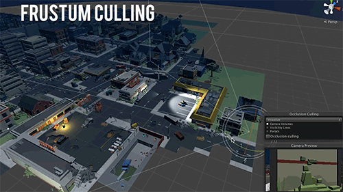 Frustum culling in action — as the camera sweeps around a 3D city, everything outside its field of view vanishes