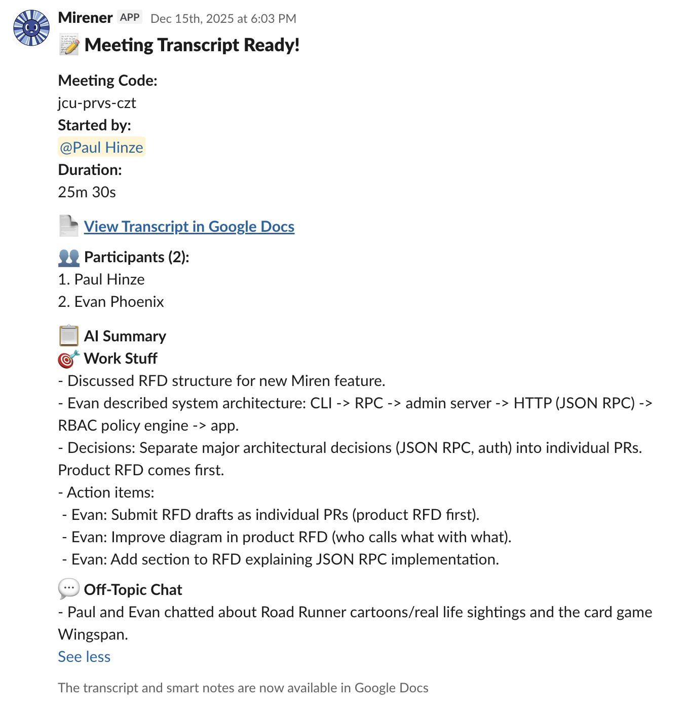A Mirener meeting summary in Slack showing work topics and off-topic chat
